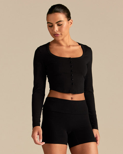 Cotton Contour Button Through Long Sleeve Top | Black