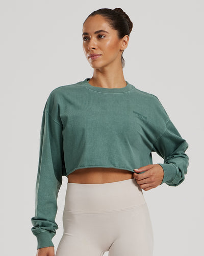 Comfort Oversized Cropped Long Sleeve T-Shirt Washed | Sage