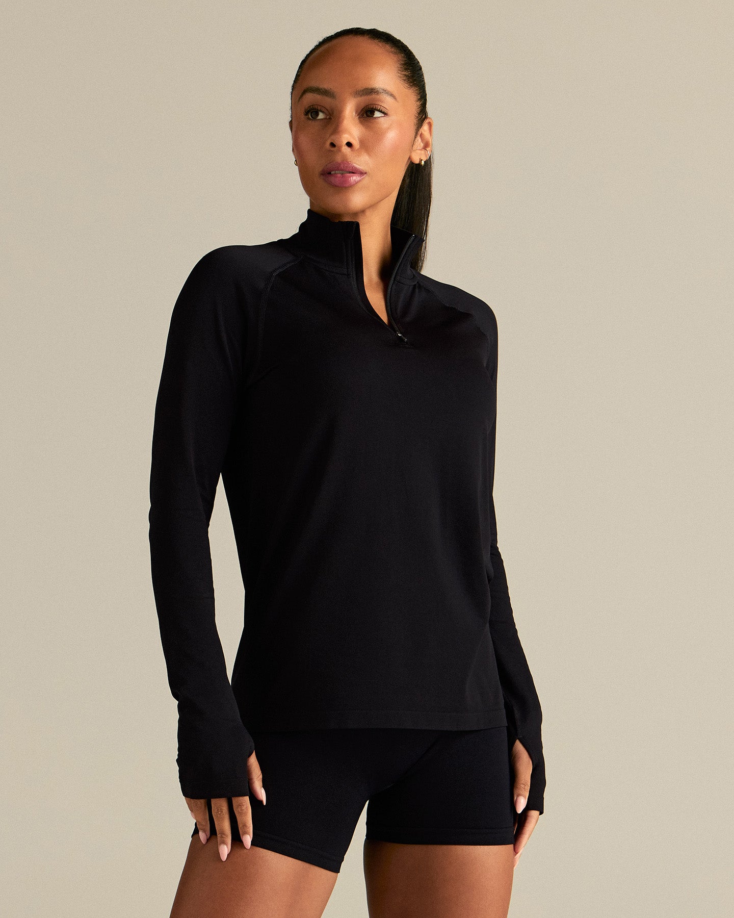 Lightweight Seamless 1/4 Zip Long Sleeve Top | Black