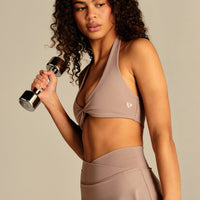 Essential Twist Front Halter Bra | Mauve Taupe