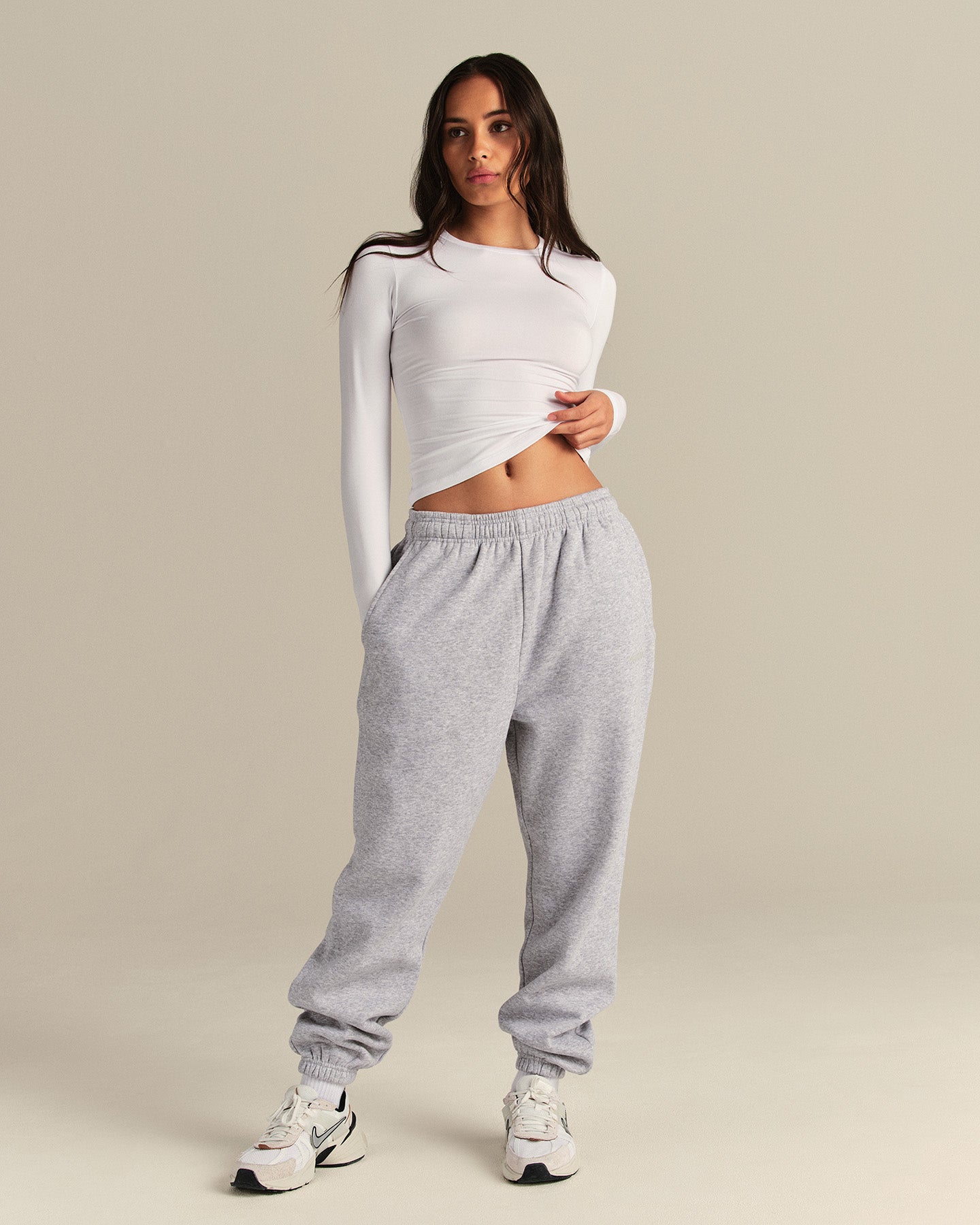 Smooth Contour Midi Crew Neck Long Sleeve T-Shirt | White