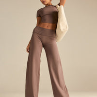 Cotton Contour Fold Over Straight Leg Pants | Mocha