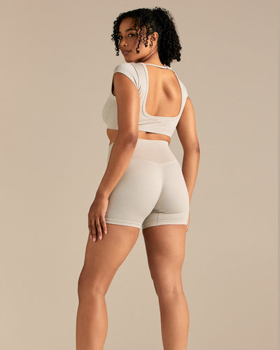 Motion Seamless Open Back Short Sleeve Crop Top | Stone