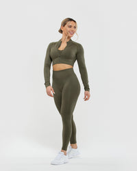 Define Seamless Crop Zip Jacket | Khaki